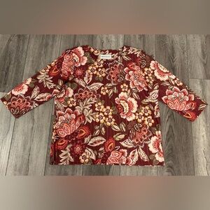 Alfred Dunner 3/4 Sleeve Studded Maroon Floral knit Top M